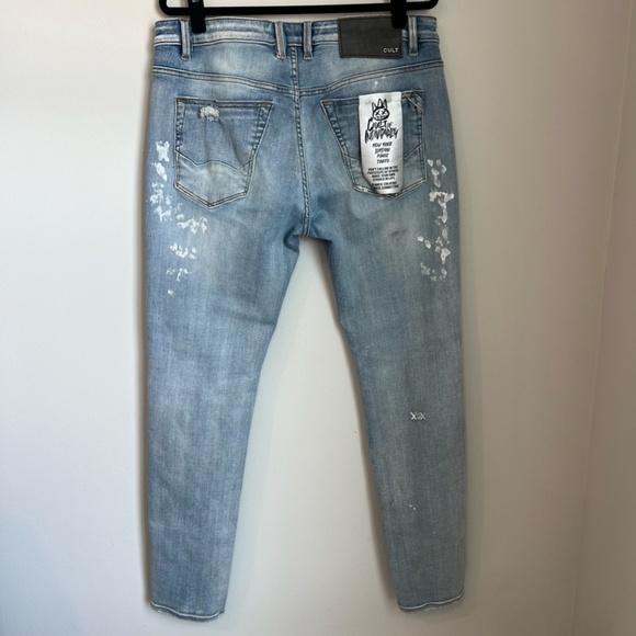 Cult of Individuality Men's Rocker Slim Fit Jeans Blue Paint Splatter Punk 34x33 - Picture 9 of 16